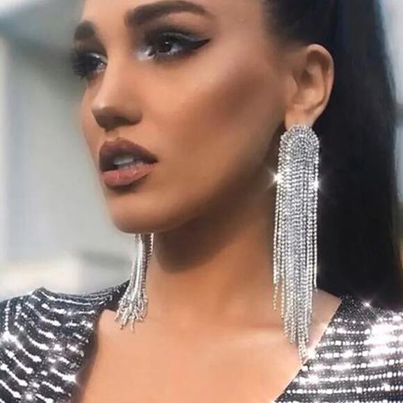 Silver Elegant Long Chandelier Rhinestone‎ Tassel Drop Bling Earrings - Picture 8 of 8